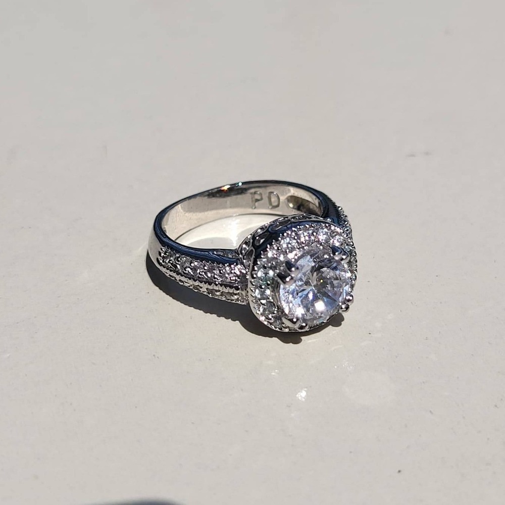 PO Silver Tone Cubic Zirconia Halo Statement Ring Size 7 Clear Round Cut Stone
